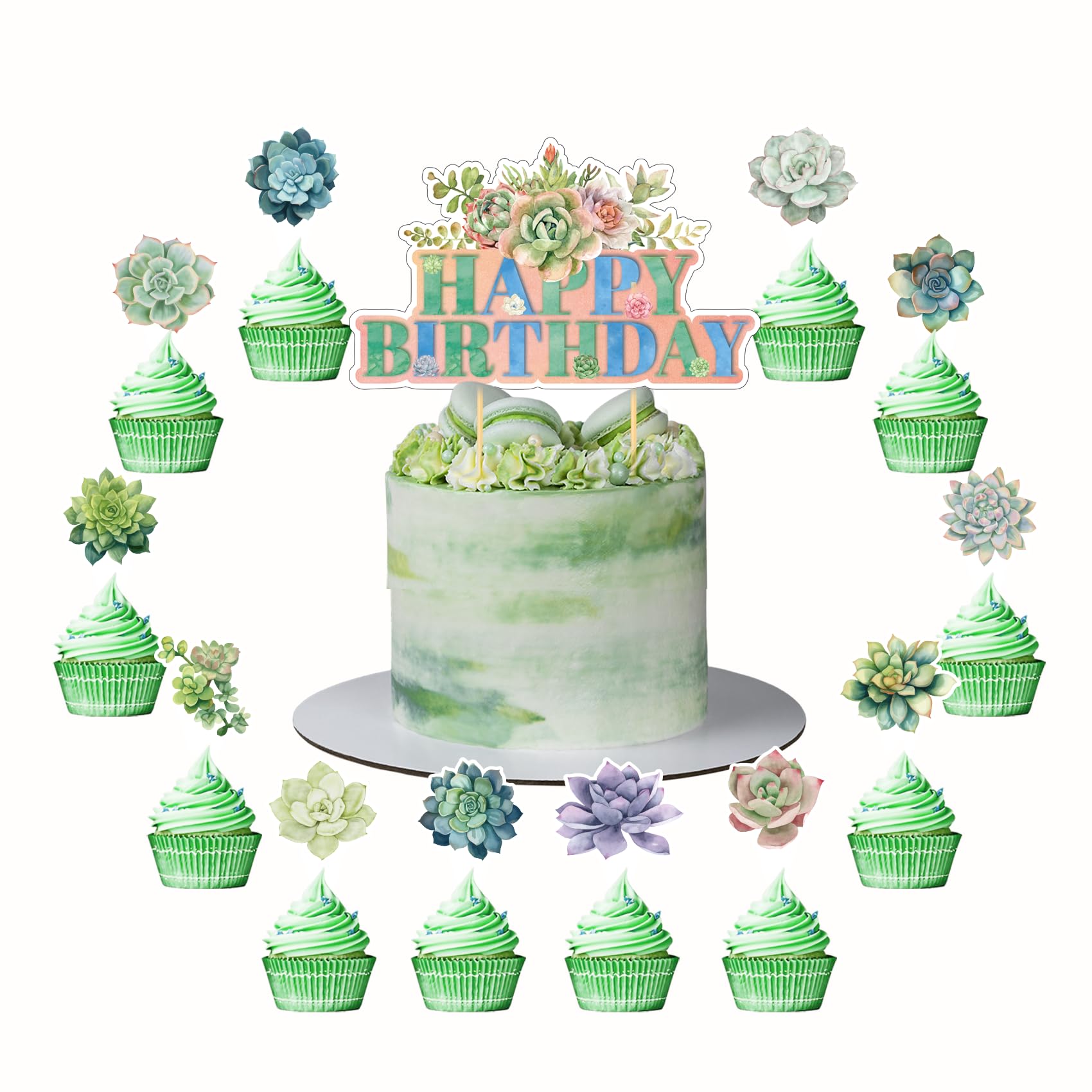 Photo 1 of 25 Pcs Succulent Plants Cake Decorations Succulent Plants Cake Topper Cupcake Toppers Succulent Birthday Party Decorations Party Supplies for Bridal Baby Shower Decor