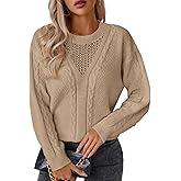 EHSUYAB Vintage Cable Knit Sweater Women, Crew Neck Long Sleeve Chunky Sweaters, Loose Pullover Jumper Top Casual Fall Outfit