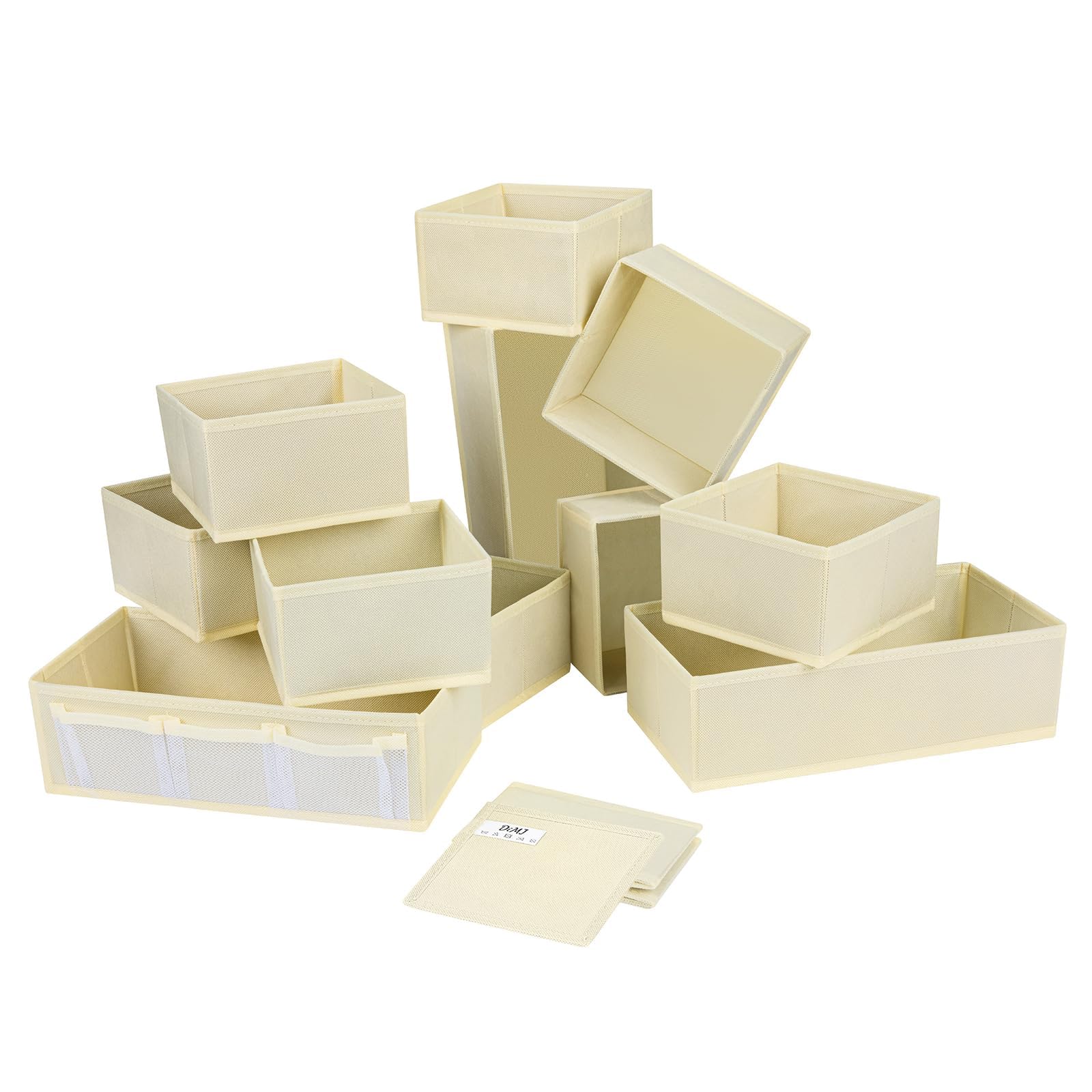 DIMJ 12 PCS Dresser Drawer Organiser Fabric Storage Box Foldable Wardrobe Storage Organiser Drawer Dividers for Socks, Underwear, Ties, Scarves, Cosmetics (Beige)