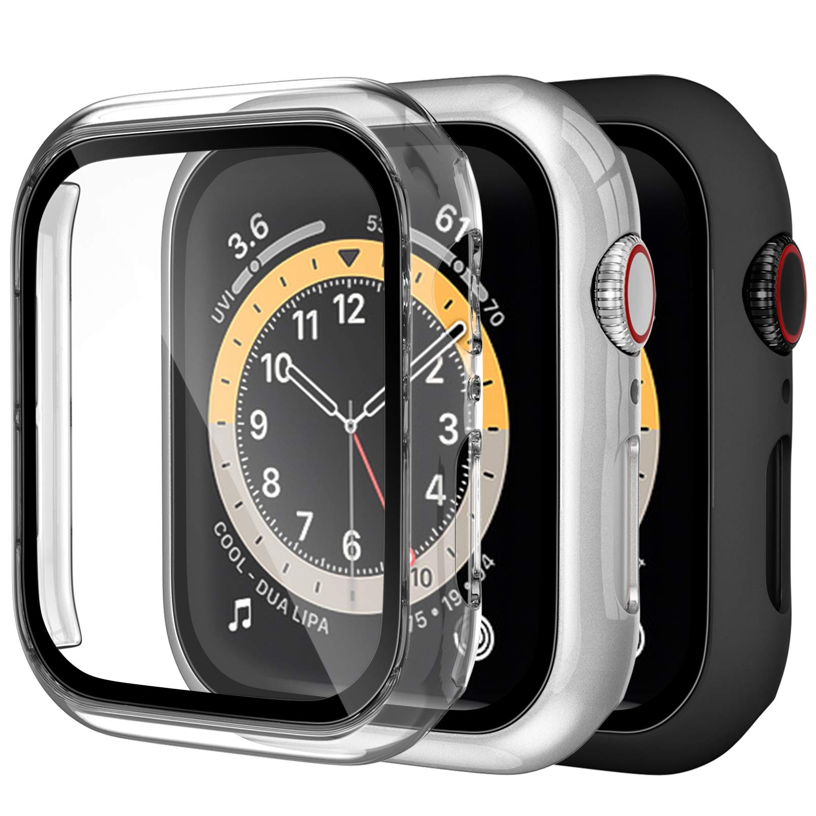 Dirrelo 3 Pack PC Case Compatible with Apple Watch Series 6/5/4/SE 40mm Tempered Glass Screen Protector, Full Cover Thin All-Around HD Protective Bumper Case for iwatch 6/5/4, Clear/Silver/Black
