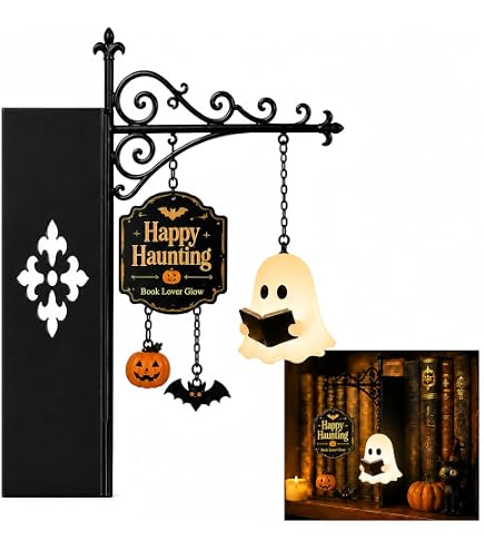 Ghost Reading Book Lamp – Handmade Halloween Night Light For Book Lovers, Adorable Ghost Flickering Decor For Bookshelf Or Window, Cozy Stained-Glass Style Glow