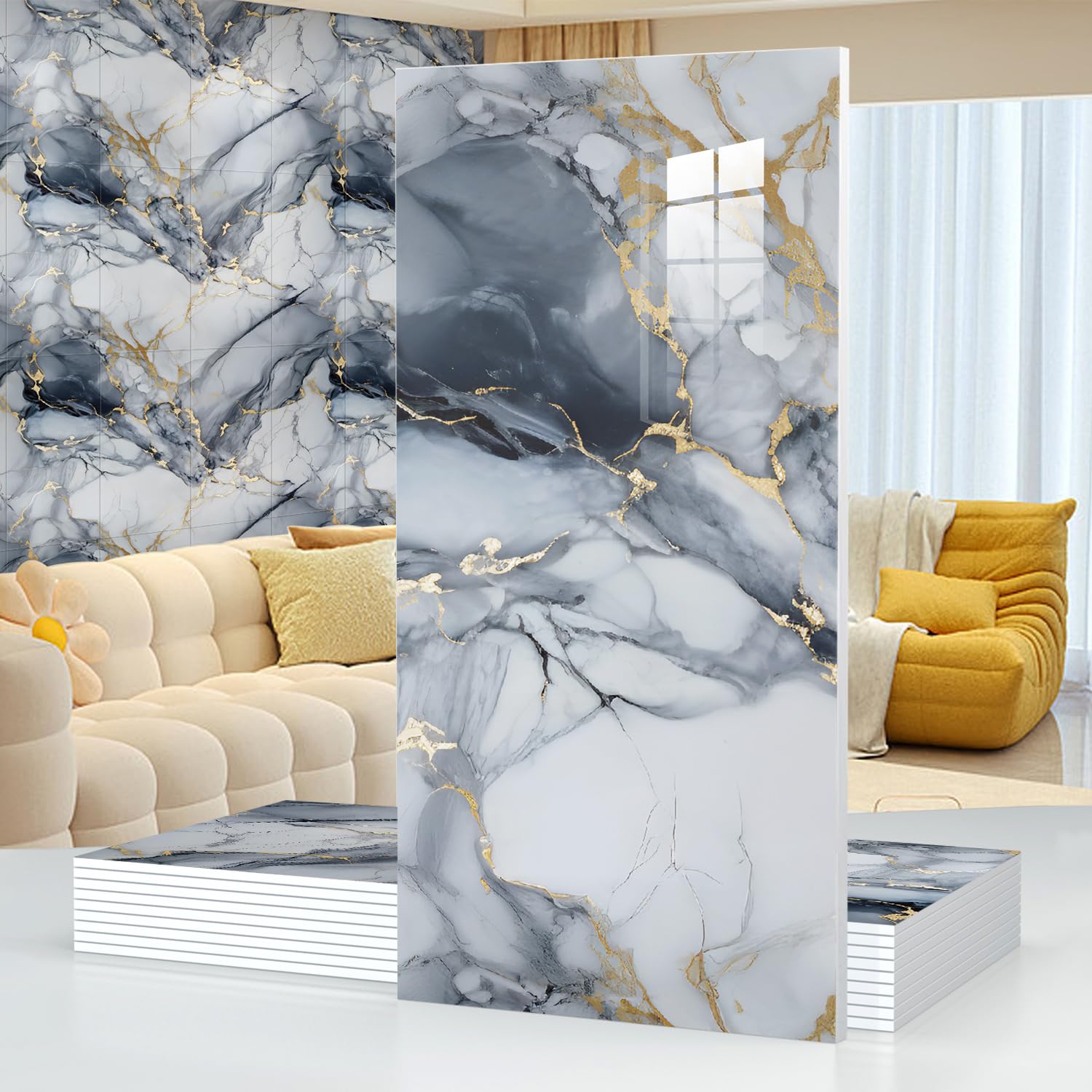 Photo 1 of 10pcs Thick Marble Peel and Stick Waterproof Wall Panels,Heat-Resistant Backsplash Tile, 23.6"x11.8" PVC Foam Wall Sticker for Kitchen,Living Rooms,TV Walls,Blue and Gold (Not Real Tile 19.4Sq. Ft.)