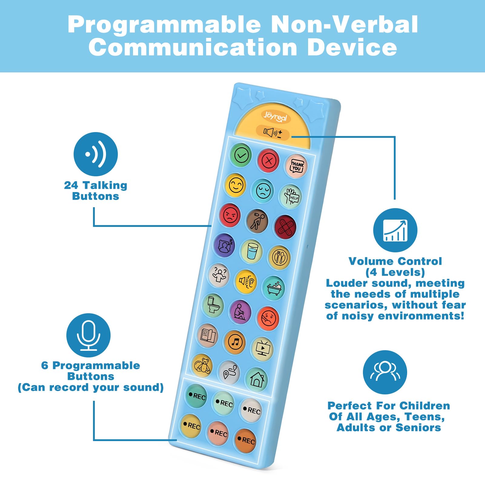 Joyreal AAC Device for Autism, Non Verbal Communication Tools for Speech Therapy & Stroke Rehab. Autism Talking Aids with 6 Programmable Buttons & Adjustable Volume, Autism Toys for Kids and Adults
