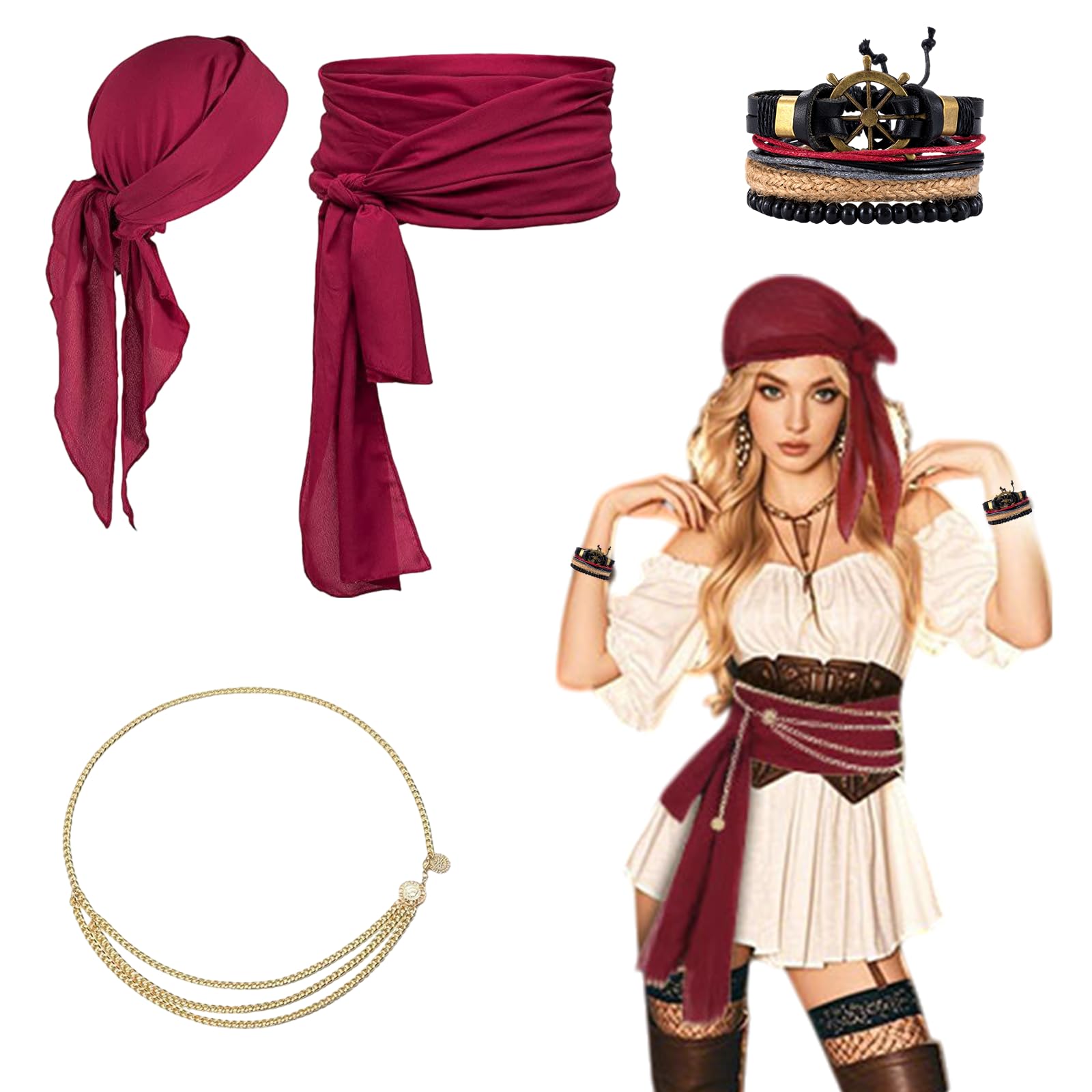 GWAWG 4 Pcs Pirate Costume Accessories Set Pirate Headscarf, Waist Belt, Belly Chain, Leather Strap, Medieval Women Pirate Fancy Dress Accessories for Halloween Pirate Party, Cosplay, Carnival