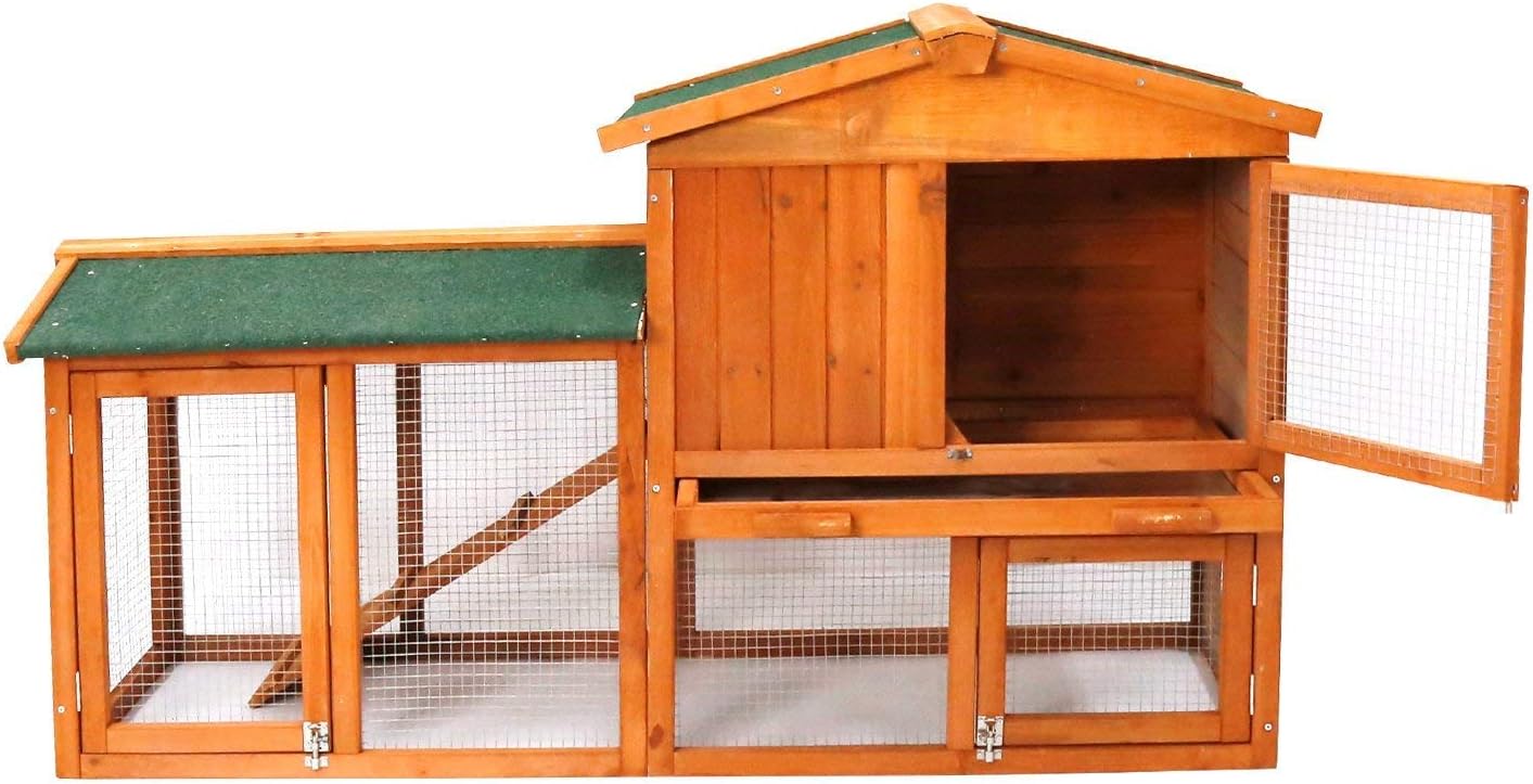 Worldrich 54-Inch Wooden Rabbit Hutch Backyard Poultry Cage Chicken Coop Houses Bunny Cage Small Animal House with Ramp, Run Area & Nesting Box