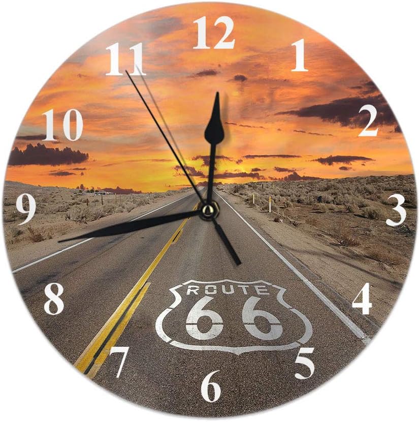 Moslion Highway Clock Route 66 Pavement at Sunrise in California's Mojave Desert Dawn Dusk Round Wall Clock Slient Non Ticking Rustic Home Decor 10 Inch for Kitchen Bathroom Office Orange Brown