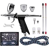 SAGUD Airbrush Gun Set Single Action Air Brush Pen 0.3mm with Extra 0.5 0.8 mm Needles,Airbrush Hose and 2CC/5CC/13CC Cup Kit