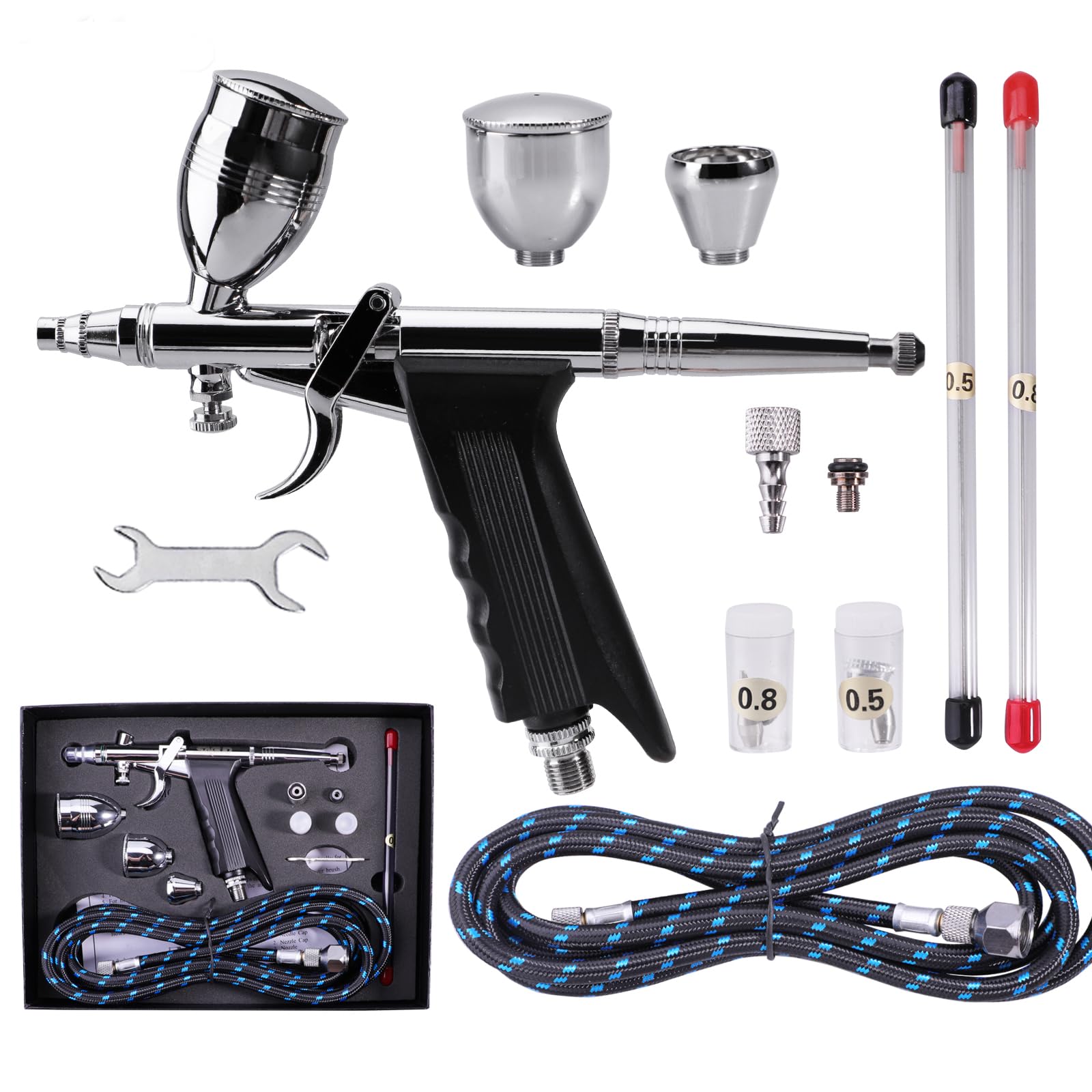 SAGUD Airbrush Gun Set Double Action Air Brush Pen 0.3mm with Extra 0.5 0.8 mm Needles,Airbrush Hose & 2CC/5CC/13CC Cup Complete Kit