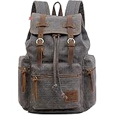 HuaChen Vintage Canvas Travel Backpack with Leather Trim, Laptop Padded Sleeve, Hidden Back Security Pocket, Fits 14-Inch, M32 Gray