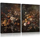 2pcs Vintage Dark Floral Canvas Wall Art Moody Autumn Floral Wall Decor Pictures Country Flowers Posters Prints Still Life Paintings for Farmhouse Living Room Bedroom Dining Room Decor 12x16 Inch