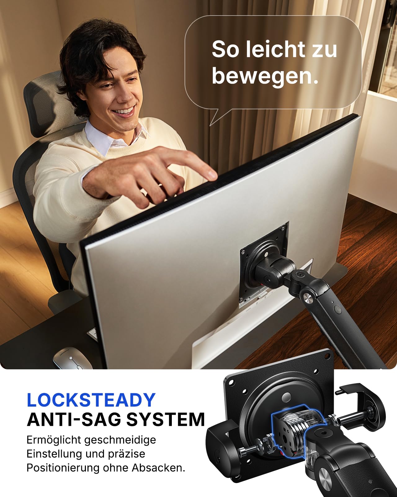HUANUO Monitor Halterung für 13-32 Zoll, FlowLift Pro Monitorhalterung bis 9 kg, MechaSpring Monitor Arm (Neigung/Schwenk/Rotation) werkzeuglos montierbar, für Gaming & Office, VESA 75/100 mm 4