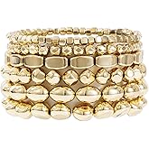 Sajidos Gold Plated Beaded Bracelets for Women Trendy, 14K Gold Plated Stack Cross Pearl Gold Plated Bead Stretch Bracelets Set Elastic Hypoallergenic Bracelets Jewelry Gifts