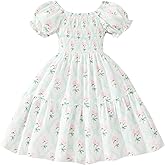 Toddler Baby Girls Summer Floral Dress Kids Puff Sleeve Square Neck Smocked Flowy Sun Dresses 2-8 Years