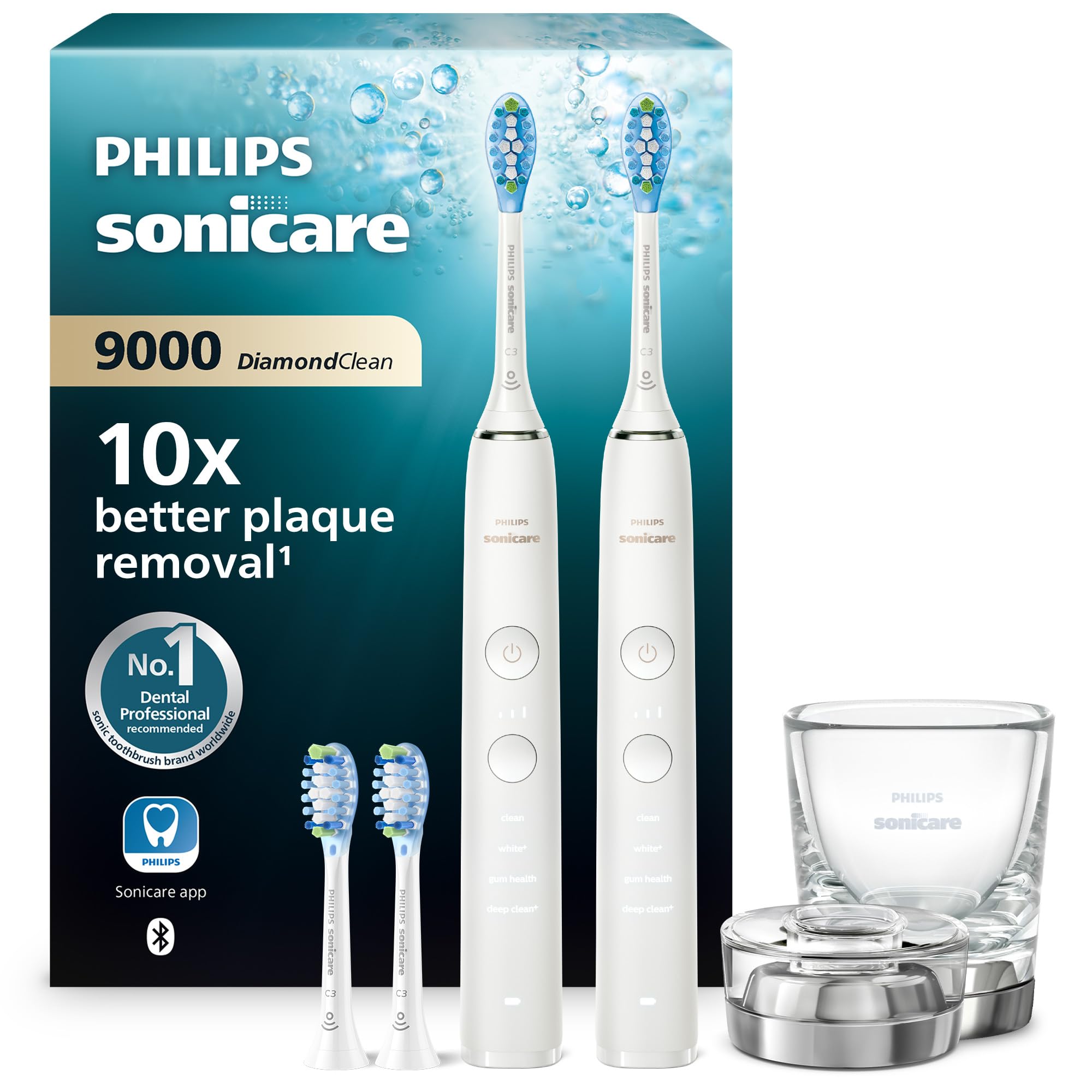 Philips Sonicare DiamondClean 9000 elektrische Zahnbürste, Doppelpack, Zahnbürste mit Schalltechnologie inklusive App, Drucksensor, 4 Putzmodi, 3 Intensitätsstufen, Ladeglas, weiß, Modell HX9914/62