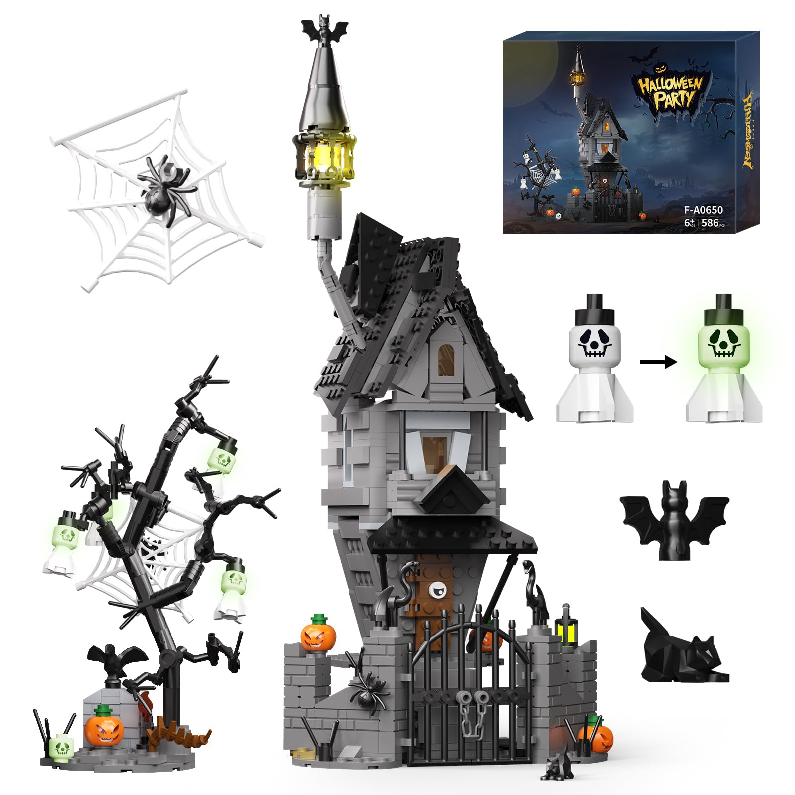 Photo 1 of itshWOee Halloween Haunted House Building Set, Before Christmas Haunted Mansion with Light, Luminous Ghost Pumpkin Bat Withered Tree Spider Decor, Halloween for Fans, Adults Kids