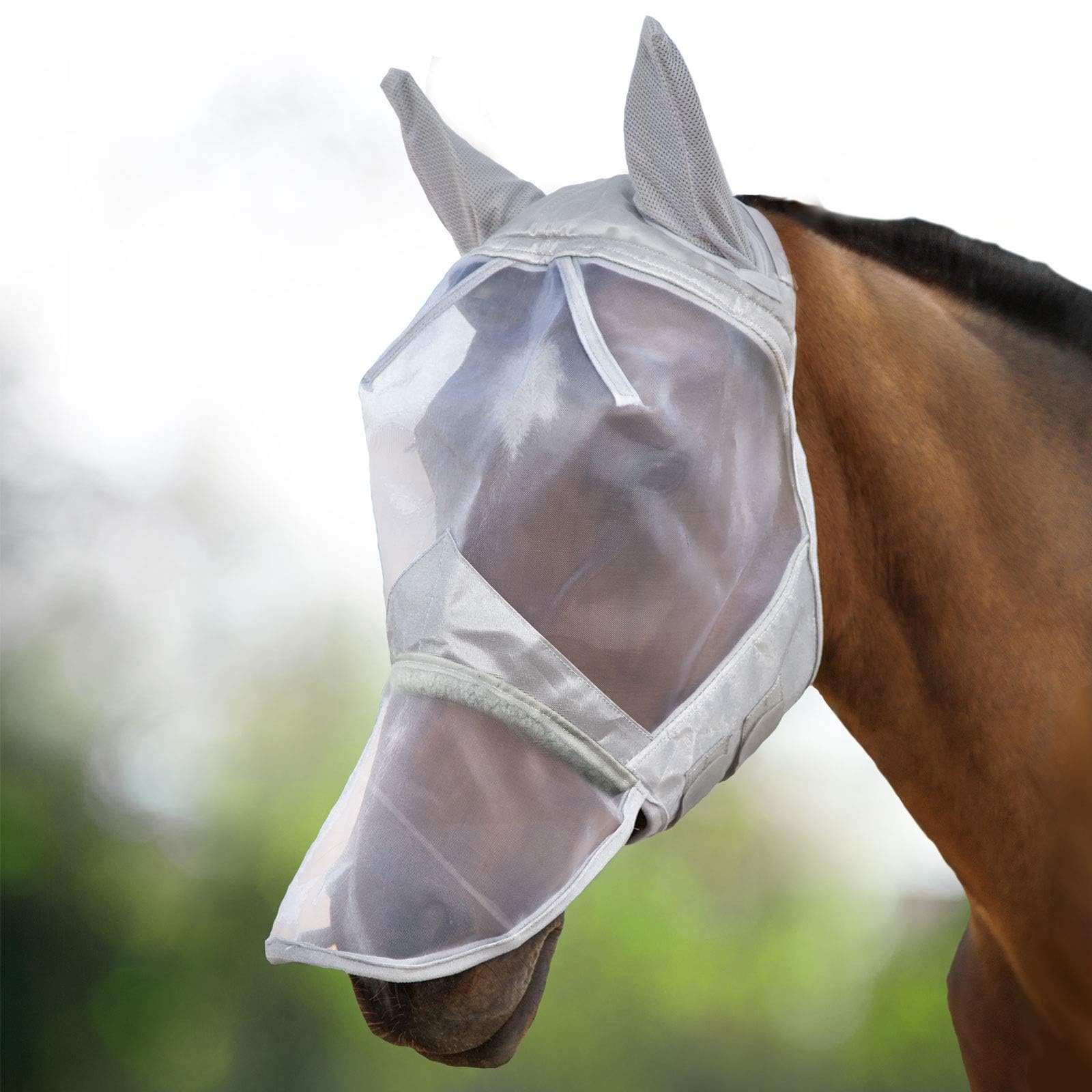 Harrison Howard CareMaster UV-proof Thick Fleece Padding Translucent Fine Mesh Horse Fly Mask Long Nose with Ears Full Face Moonlight Silver Medium Cob