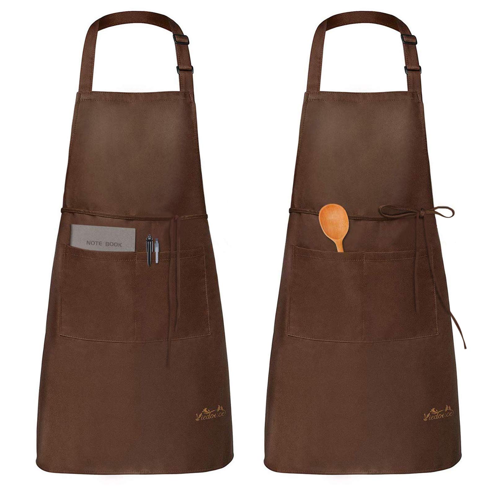 Viedouce 2 Packs Apron Cooking Kitchen Waterproof, Adjustable Chef Apron with Pockets for Home, Restaurant, Craft, Garden, BBQ, School, Coffee House, Apron for Men Women, Brown