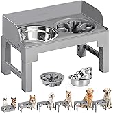 Feandrea Dog Bowls Elevated, Raised Stand with 1 Slow Feeder and Two 304 Stainless Steel Bowls, Adjustable Height and Tilted Design, Dove Gray UPRB103GD01
