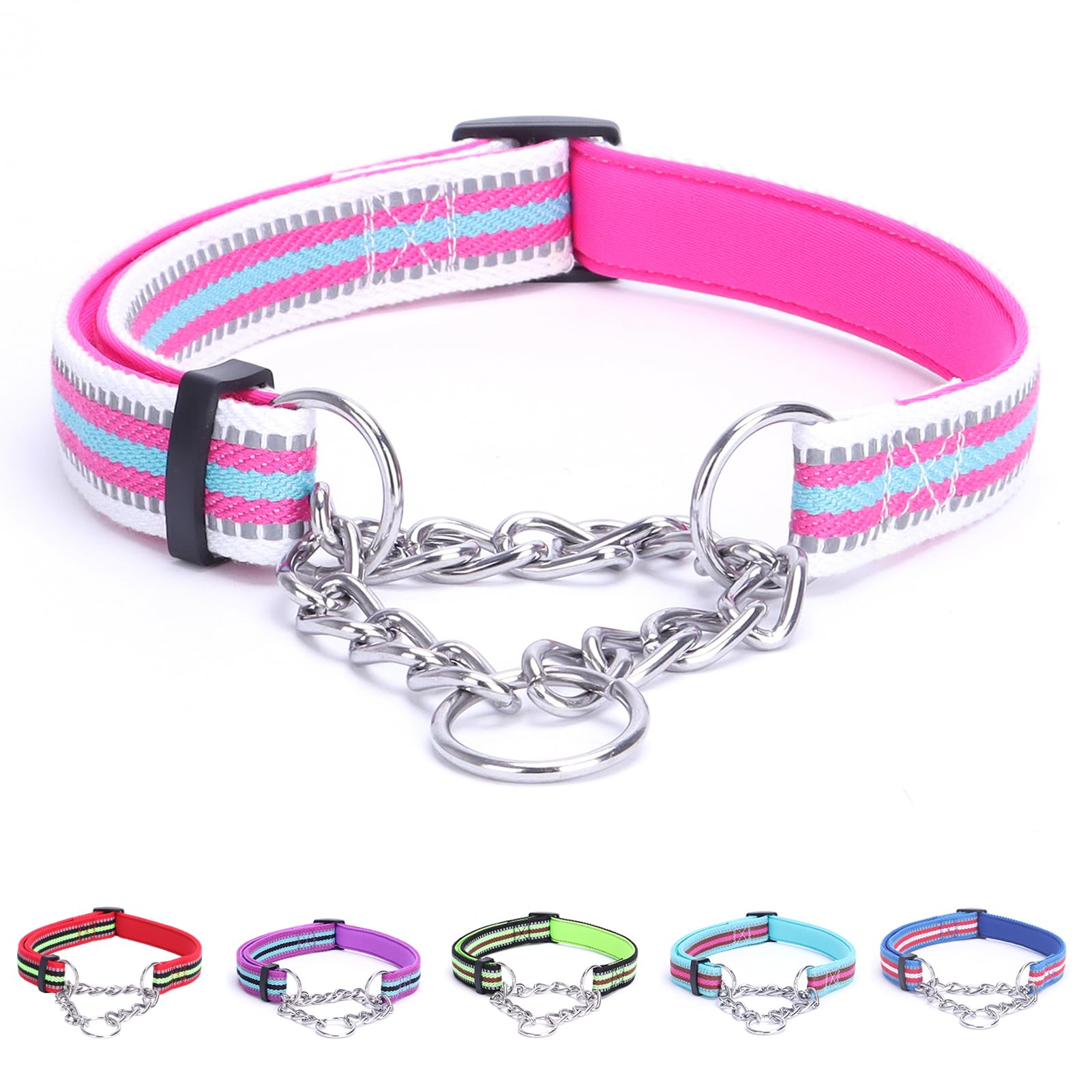 LOS ANDES Dog Choke Collar Martingale with Limited Chain, Soft Padded No Pull, Reflective Training Collars for Large, Medium and Small Dogs(M:Neck 35-55cm,Rose Red)