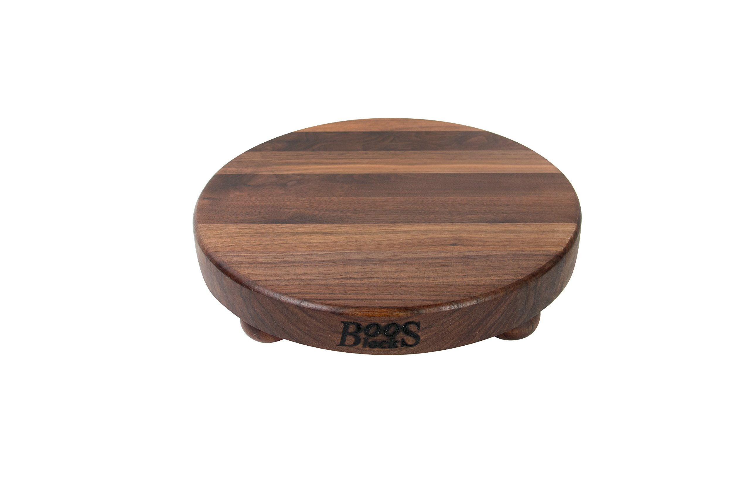 John BoosB Series Round Wooden Walnut Cutting Board 12”x12” – 1.5” Thick, 12-lb Non-Reversible Butcher Block with Wood Bun Feet & Edge-Grain