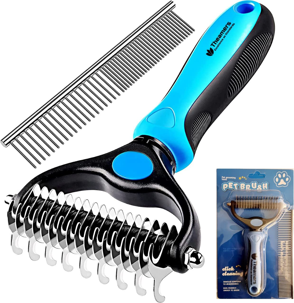 Theamers Dematting & Grooming Comb for Dogs and Cats, Pets Grooming Brush and Rake for Small, Medium & Large Dogs 17+9 Double Sided Deshedding Tool Removes Knots and Tangled Hair (Blue)