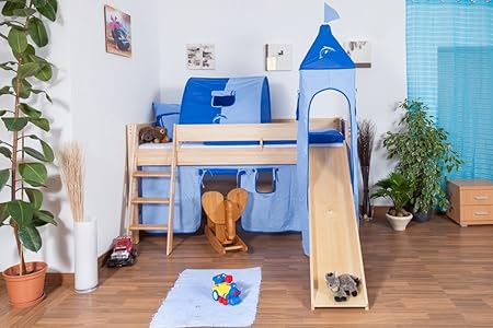 Kinderbett/Hochbett Tom mit Rutsche und Turm inkl. Rollrost - Material: Buche massiv natur, Farbe: klar lackiert