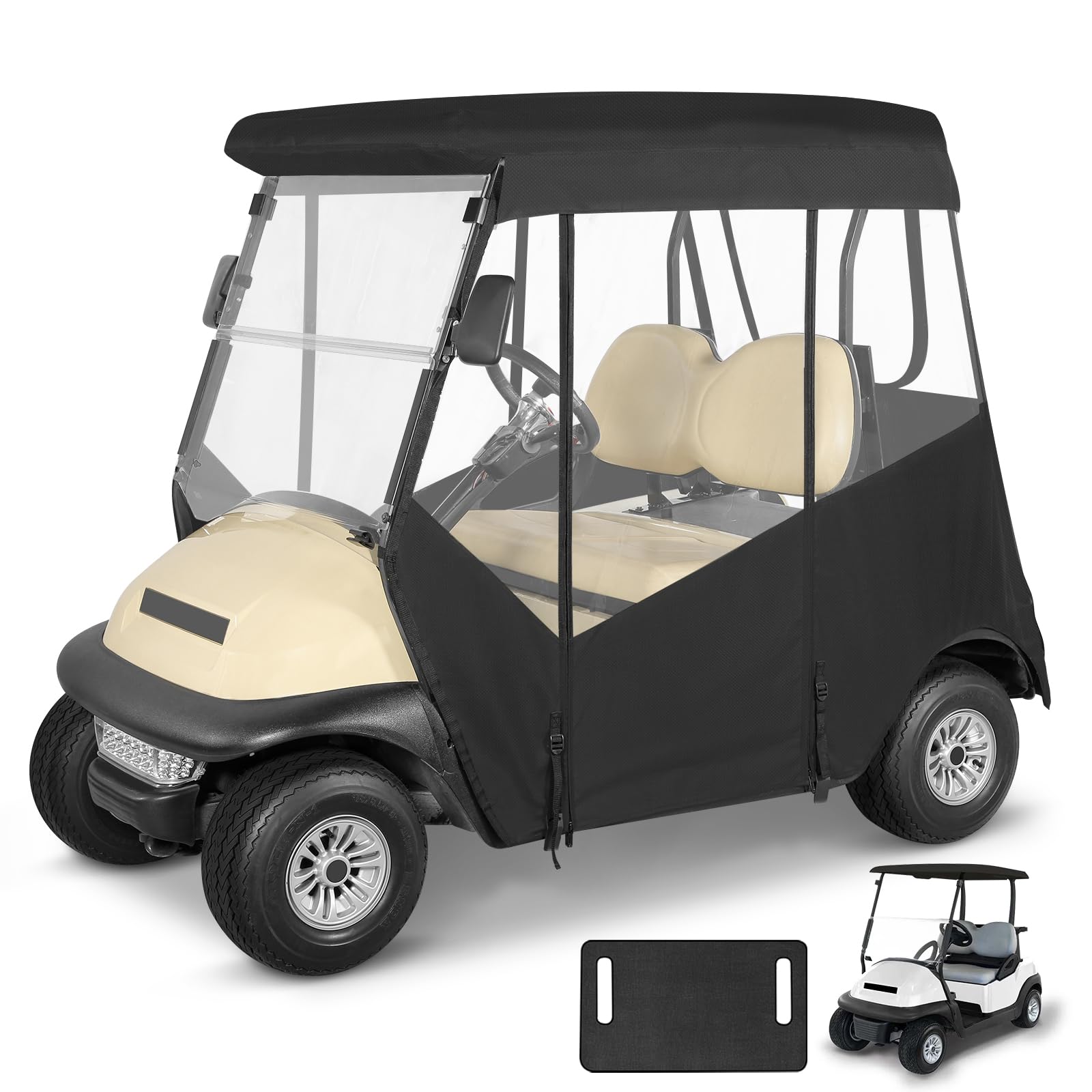 Photo 1 of 2 Passenger Golf Cart Enclosure for Club Car Precedent 2-Seater 57.5" Roof 3-Sided Clear Windows Roll-up Door No Windshield Curtain Waterproof Transparent Driving Rain Cover Black (with Seat Towel)