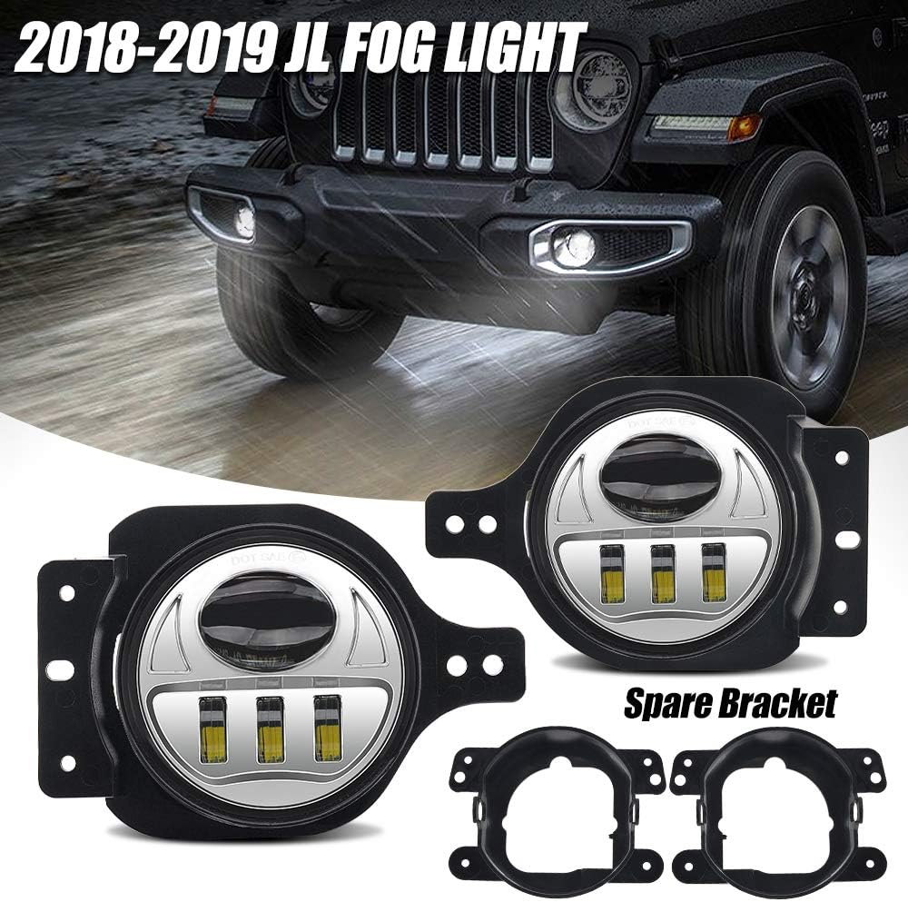 2018-2019 4/'/' Black LED Passing Fog Lights w//Brackets Fit For Jeep Wrangler JL