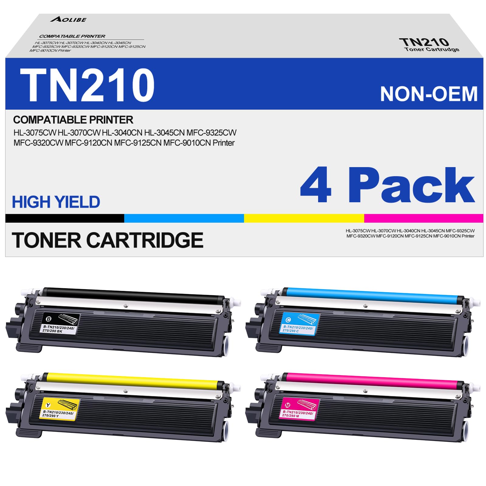 Photo 1 of TN210 Toner Cartridge Compatible for Brother TN-210 Work with MFC-9325CW MFC-9125CN HL-3070CW MFC-9320CW HL-3070CW MFC-9120CN Printer (1 Black, 1 Cyan, 1 Magenta, 1 Yelllow, 4 Pack)