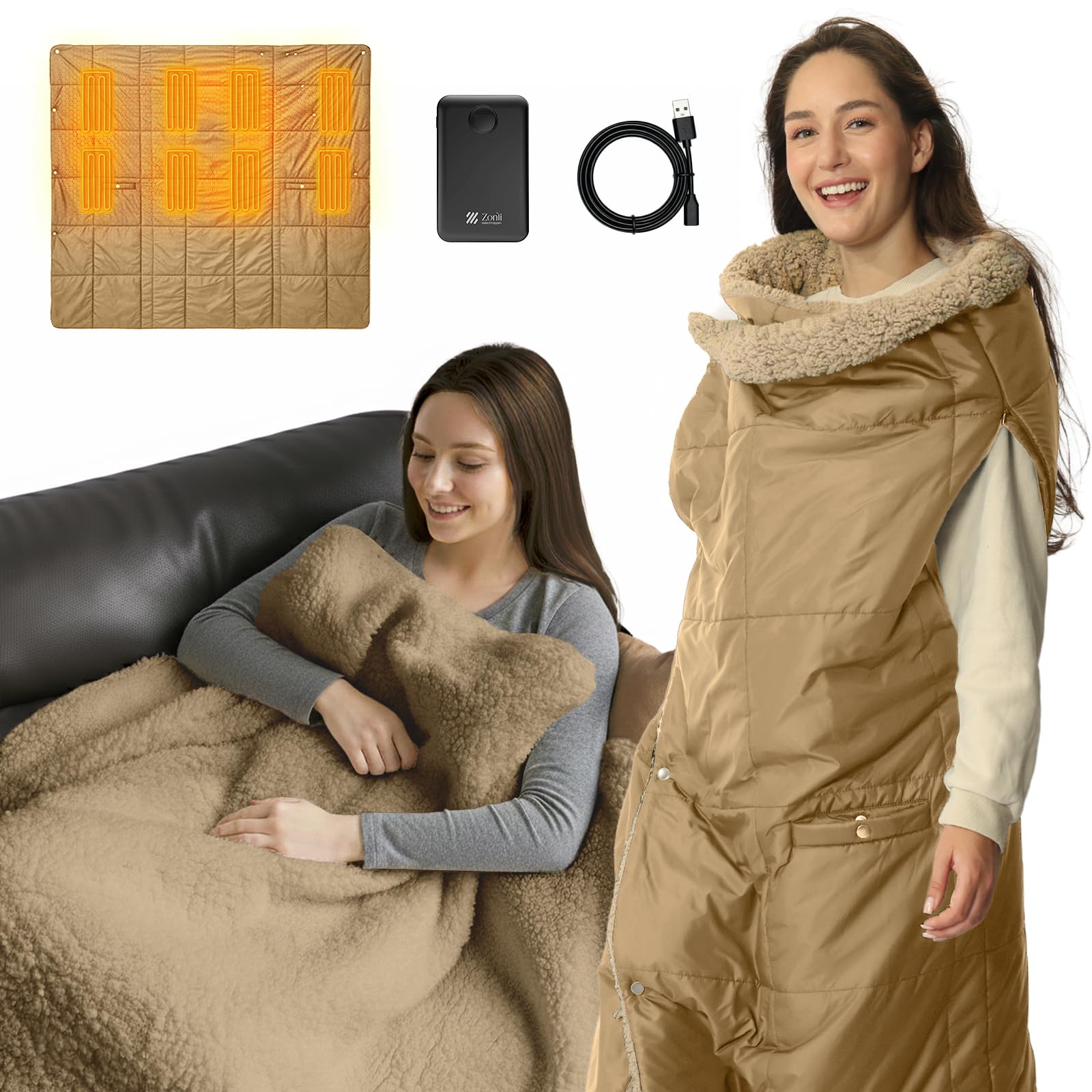 ZonLi Heated Blanket, Electric Portable Cordless Heated Wearable Blankets Battery Operated Heated Throw Blanket, Rechargeable Power Bank for Home, Office, Living Room, Camping, Travel