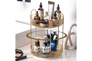 shuang qing Rotating Makeup Organizer for Vanity 2 Tier, High-Capacity Skincare Clear Make Up Storage Perfume Organizers Cosmetic Dresser Organizer Countertop 360 Spinning （Gold）