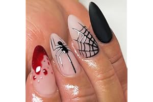 KKUUOO Halloween Press on Nails,Medium Almond Fake Nails Spider & Spider Web Acrylic Nails with Blood Drop Design Full Cover Glossy False Nails Stick on Nails Jelly Press on Nails for Women Girl 24Pcs