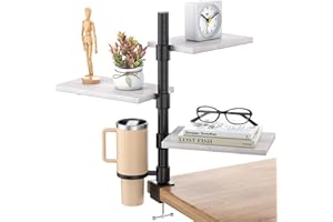 PawsWhirl 3-Tier Clamp On Desk Shelf with Cup Holder, Rotatable Height Adjustable Over or Under Desk Storage Shelves, Heavy Duty Desktop Organizer Holds 33 lbs for Office Dorm Room Gaming Kitchen