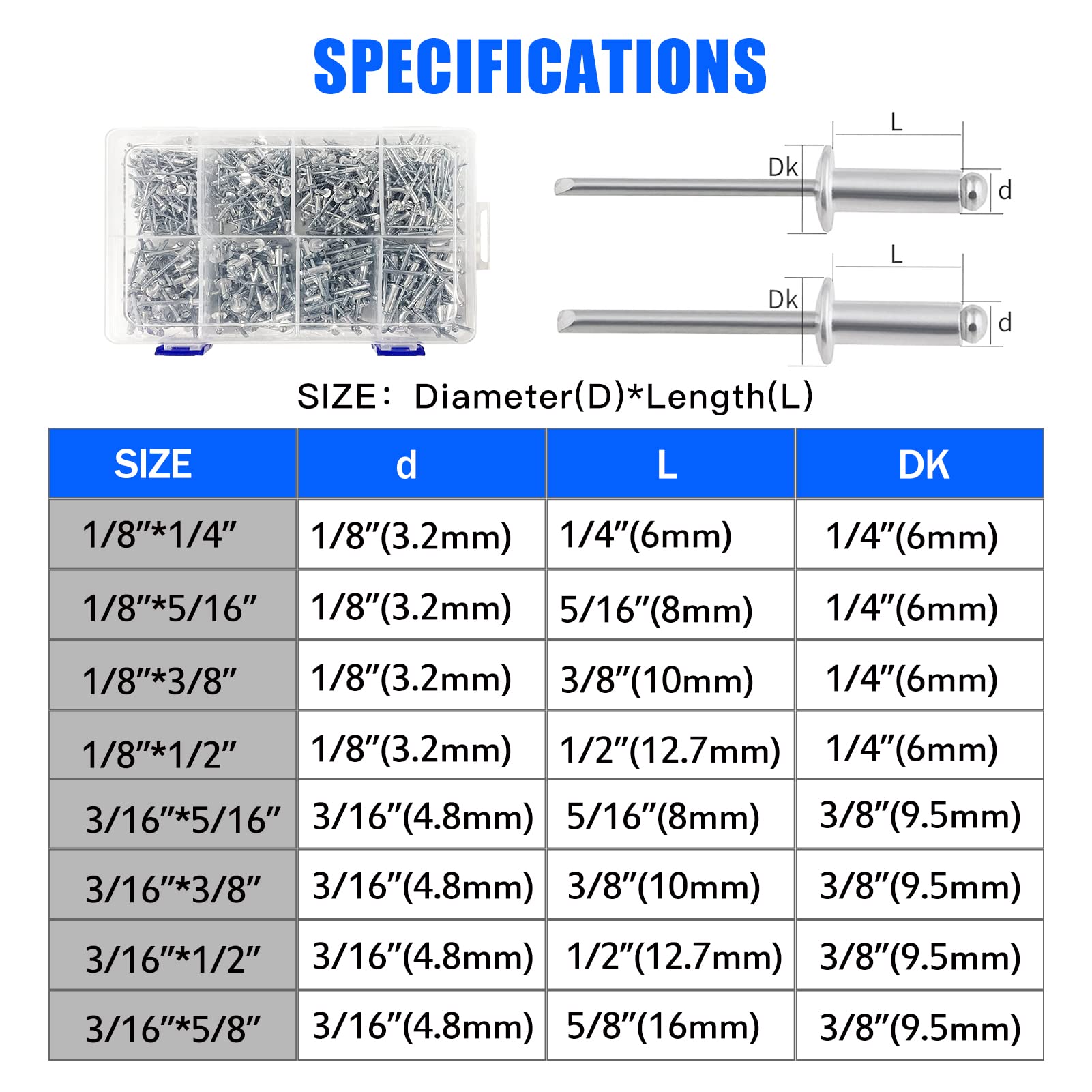 600PCS Aluminum Blind Rivets, 8 Sizes of Pop Rivets Assortment Kit（1/8