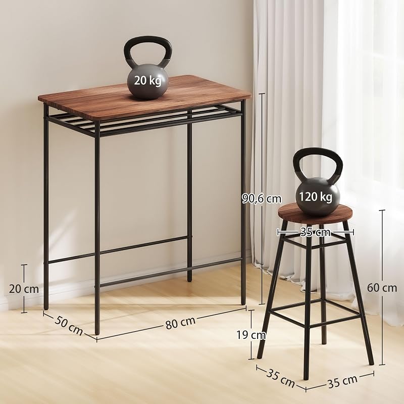 Bartisch und Hocker Set, 2 Hocker Industrial, Braun