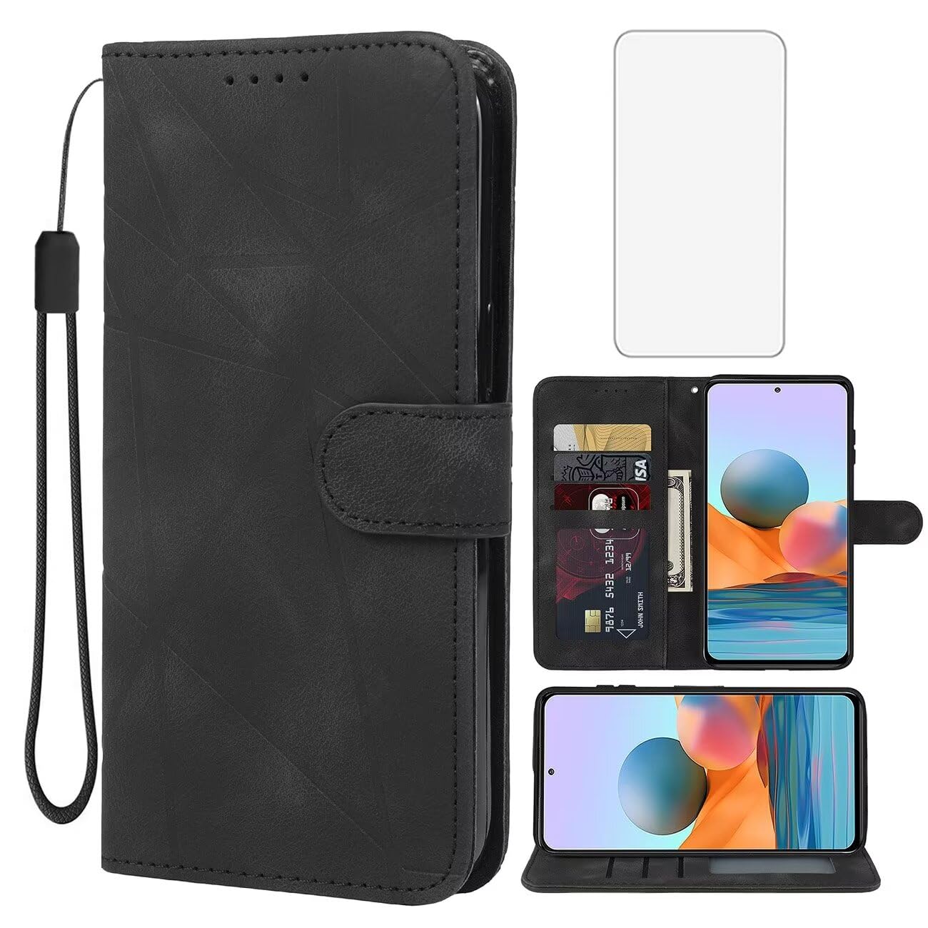 Wanyuexes Case for Redmi Note 10 Pro/Redmi Note 10 Pro Max Wallet Case with Tempered Glass Screen Protector, Leather Flip Credit Card Holder Stand Phone Cover for Xiaomi Redmi Note 10 Pro Max Black