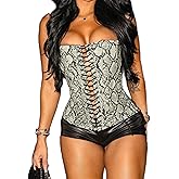 Molilove Womens Faux Leather Top Sexy Animals Print Bustier Corset Strapless Bandeau Sleeveless Party Crop Tube Top