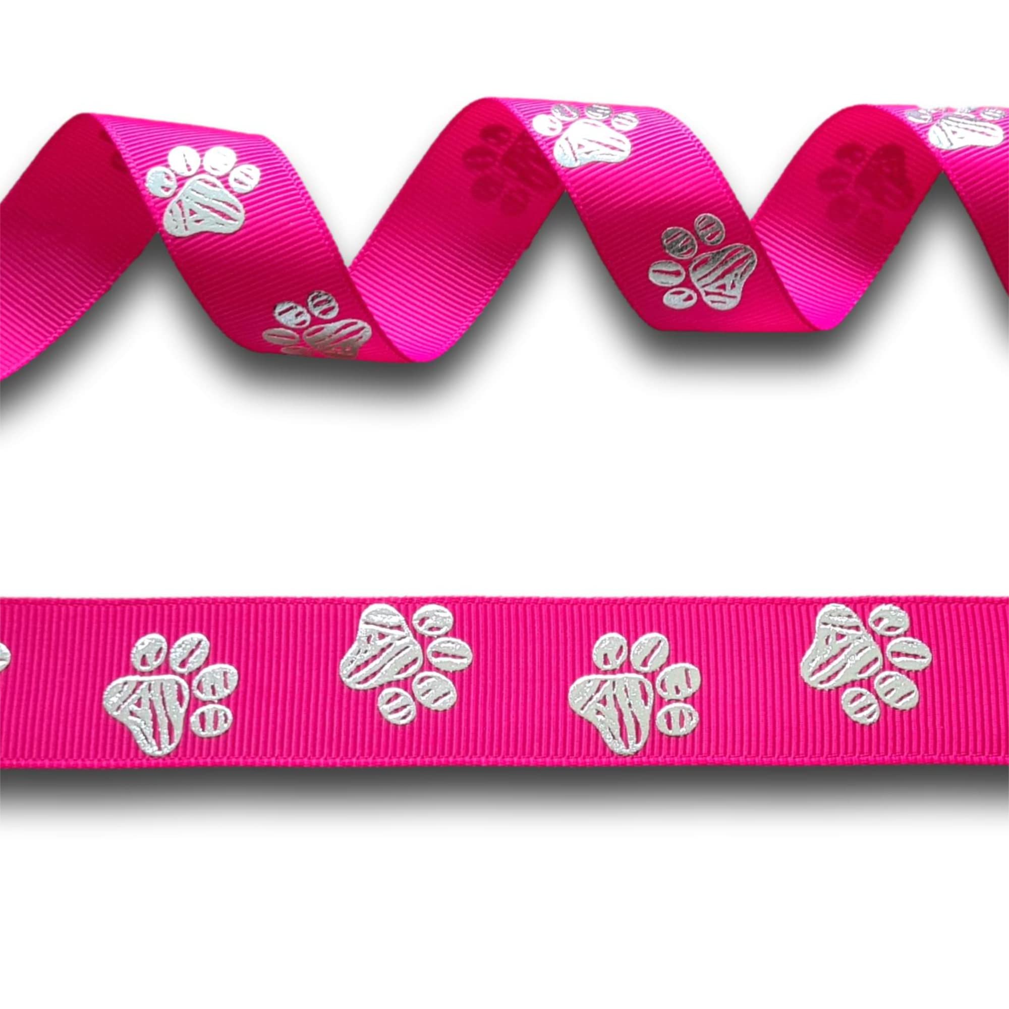 5 Yards (4.5 metres) Dog Bear Paw Print Pink Silver Foil Grosgrain Ribbon 22mm Wide, Ideal for Craft Projects, Cakes, Scrapbooking etc.