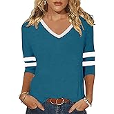 ZUNQKG V Neck Shirt for Womens 3/4 Sleeve Raglan Patchwork Soft Casual Trendy Summer Blouse Tops