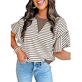 Women's Summer Striped Ruffle Short Sleeve Tops Contrast Colorblock 2025 Round Neck Loose Fit Cute Casual Top Blouse