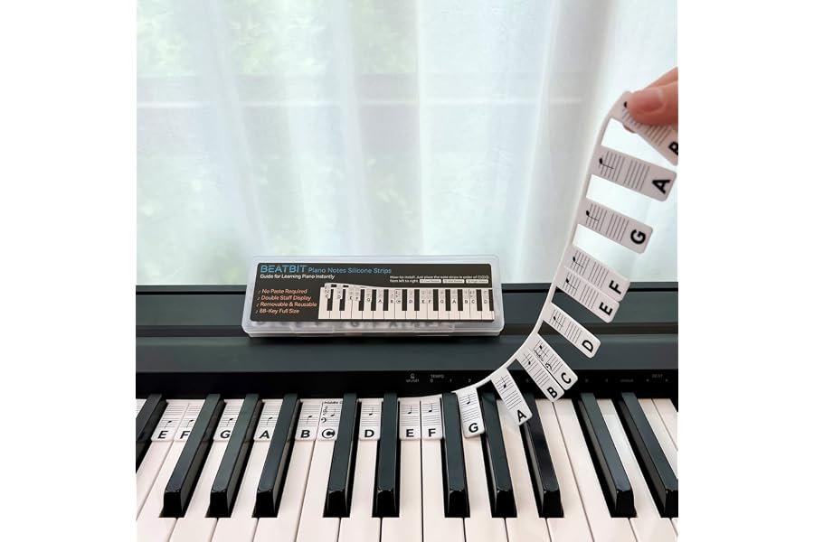 BEATBIT Piano Notes Guide for Beginner, Removable Piano Keyboard Note Labels for Learning, 88-Key Full Size, Made of Silicone, No Need Stickers, Reusable and Comes with Box (Classic Black）
