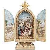 Joseph's Studio by Roman - Nativity Triptych, Holy Family with Star, Renaissance Collection, 10" H, Resin and Stone, Openwork Doors, Gold, Decorative Figure