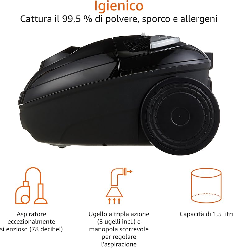 Aspirapolvere con sacchetto, potente, compatto e leggero, per pavimenti duri e moquette, filtro HEPA, 700 W, 1,5 l, EU, nero