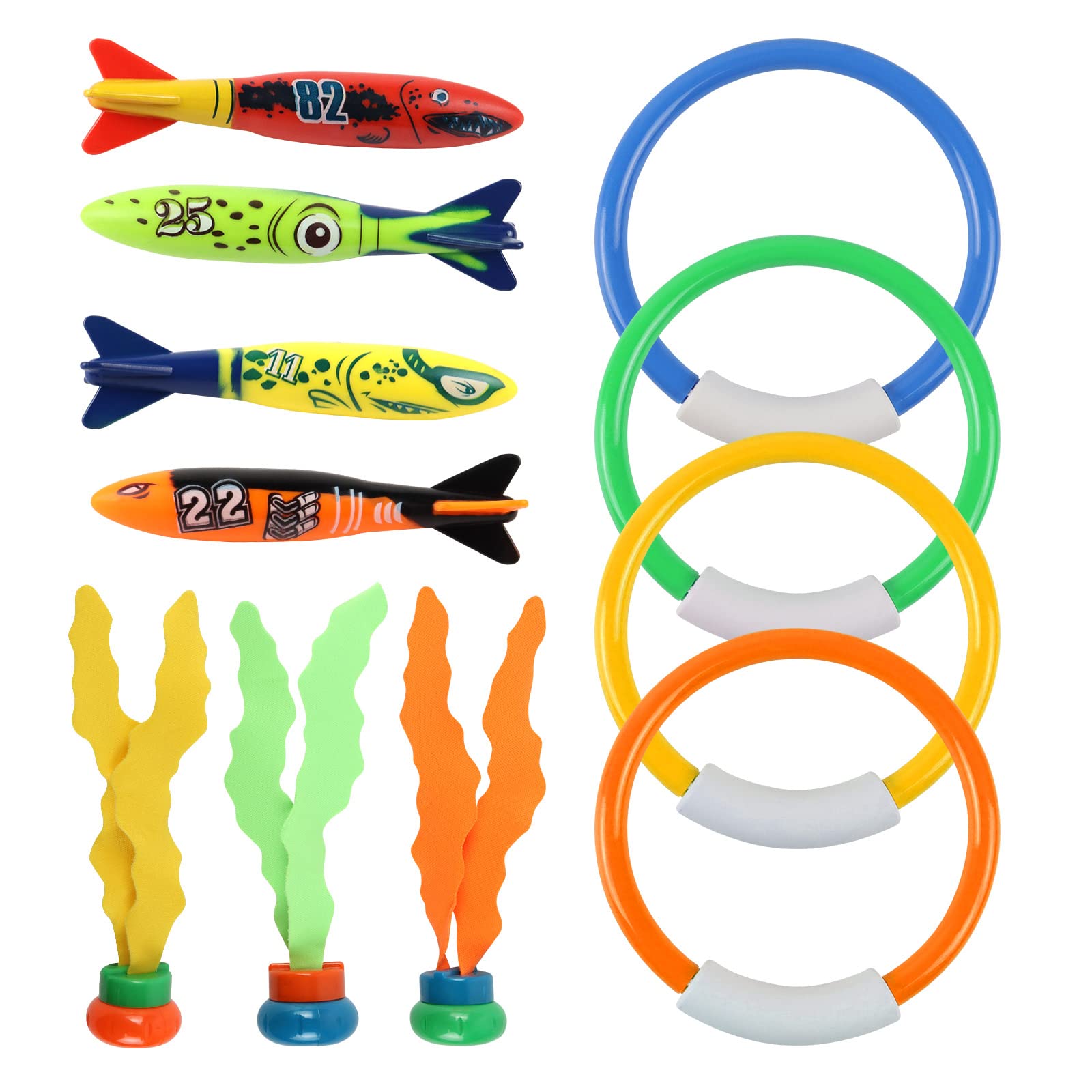 IOPJLK Underwater Diving Toy 11 PCS, Swimming Pool Toys Set for Children, Dive Sticks for Swimming Pool, Underwater Diving Game Pool Training Toys, Toypedo Bandits, Diving Rings, Sinking Seaweed
