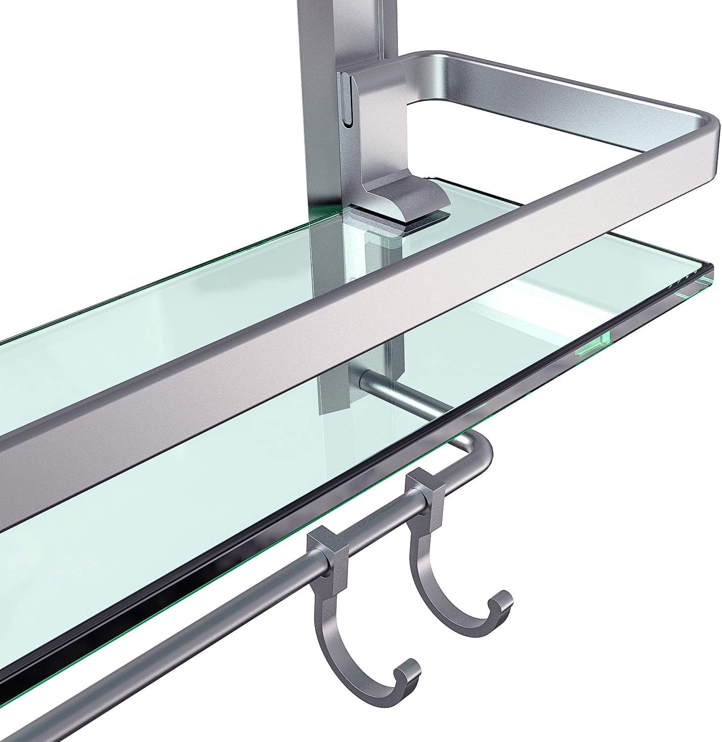 Vdomus Tempered Glass Bathroom Shelf, 2 Tier Shelf with Towel Bar Wall Mounted Shower Storage15.2 by 5 inches, Brushed Silver Finish (2 Tier Glass Shelf): Kitchen & Dining