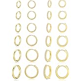 Tornito 12 Pairs Surgical Stainless Steel Huggie Hoop Earrings Gold Silver Small Hoops Cubic Zirconia Earrings 6mm 8mm 10mm 12mm 14mm 16mm Cartilage Helix Tragus Lobes Hinged Piercings for Women Men