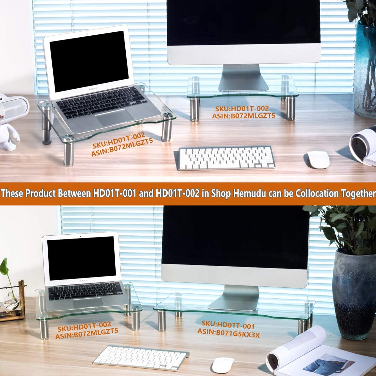 Hemudu Clear Tempered Glass Computer Monitor Riser with Height Adjustable Multi Media Desktop Stand for Flat Screen LCD LED TV Laptop/Notebook/Xbox One,HD01T-002P - Image 5