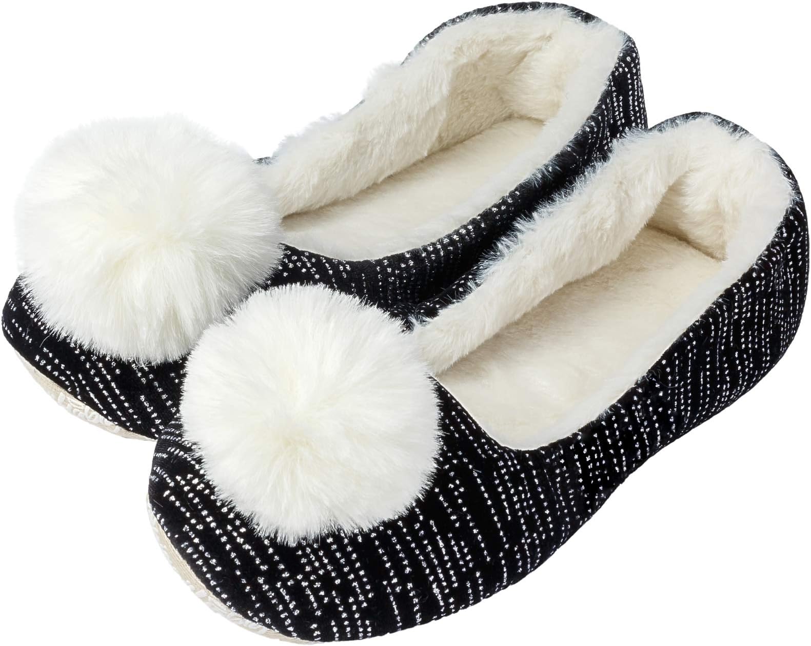 Luxury Ladies Ballet Slip On Slippers with Pom Pom Detail Non-Slip Sole Soft Warm Comfortable Cute - Great Gift