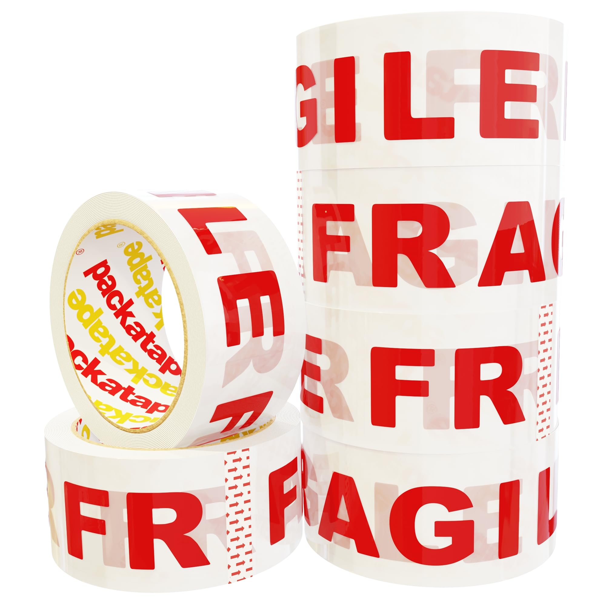 Packatape Fragile Packing Tape for Parcels and Boxes - Heavy Duty Fragile Packaging Tape Provides a Strong, Secure and Sticky Seal for your Boxes, 6 Rolls Per Pack, 48MM x 66M