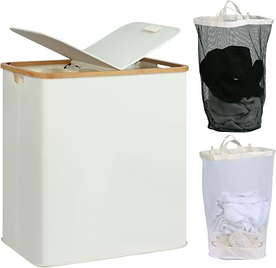 efluky 140L Laundry Baskets with Lid Two Compartments Beige